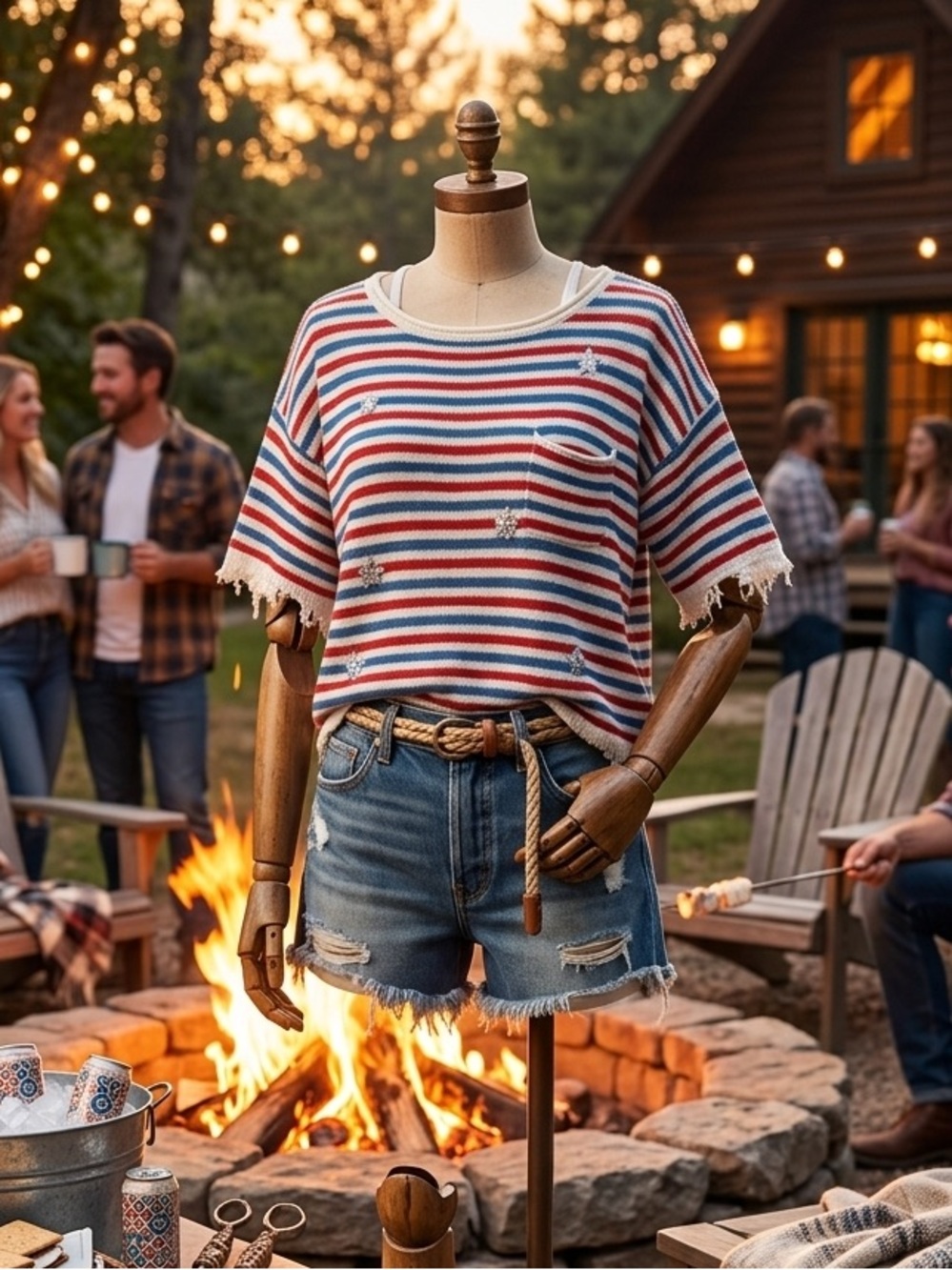 Peach Love California Red Blue White Striped Knit Top with sequin stars